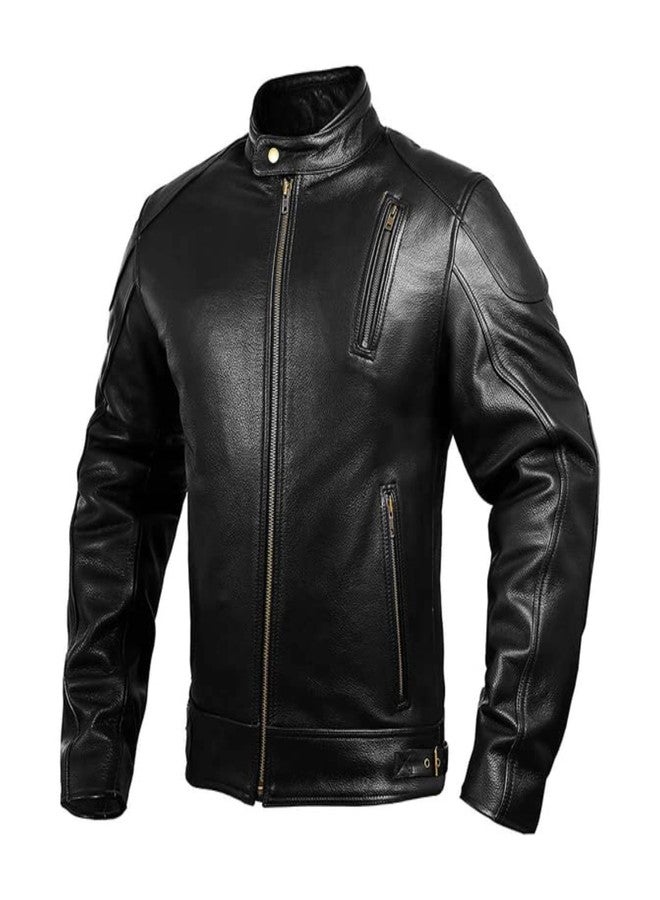 HWK Leather Motorcycle Jacket with Armor for Men, Cafe Racer Genuine Leather Jacket for Weather Resistant Enduro Motocross, Motorbike Riding, Easy Adjust Men's Motorcycle Jacket, Medium - Image 1
